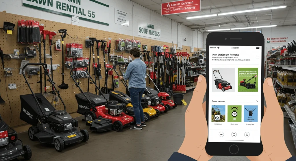 A customer renting a lawn mower at a local rental shop with a helpful associate.

