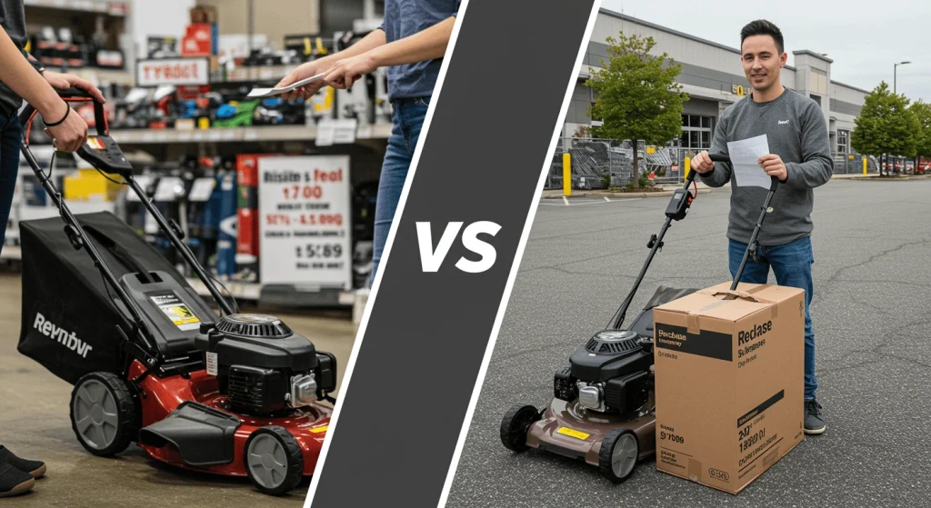 Comparison of renting vs. buying a lawn mower, showing a customer renting and another purchasing.