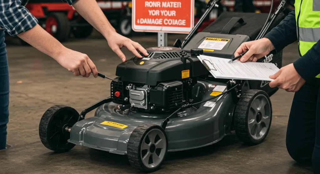 A person inspecting a rented lawn mower, checking its condition and functionality.

