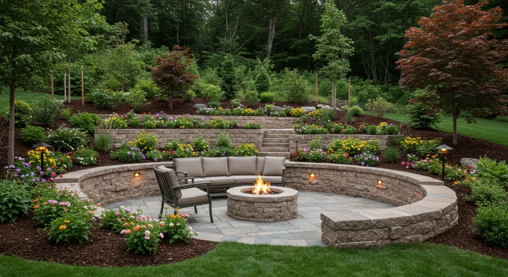 A terraced sloped backyard with colorful flower beds, a sturdy stone retaining wall, a fire pit seating area, and lush greenery, showcasing creative landscaping ideas.