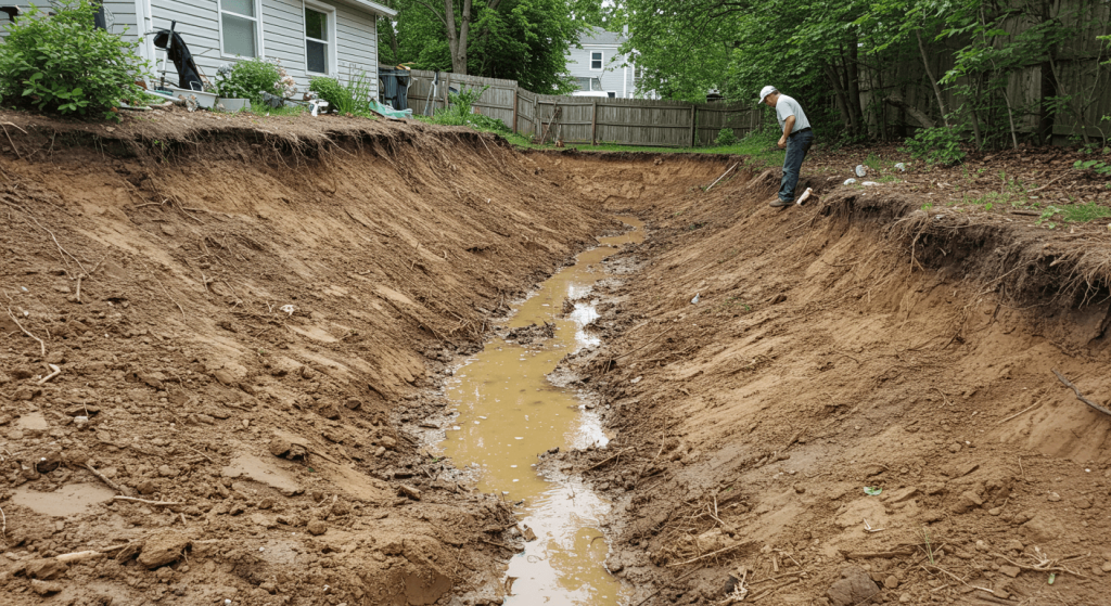 Erosion and water runoff in a sloped backyard with uneven terrain