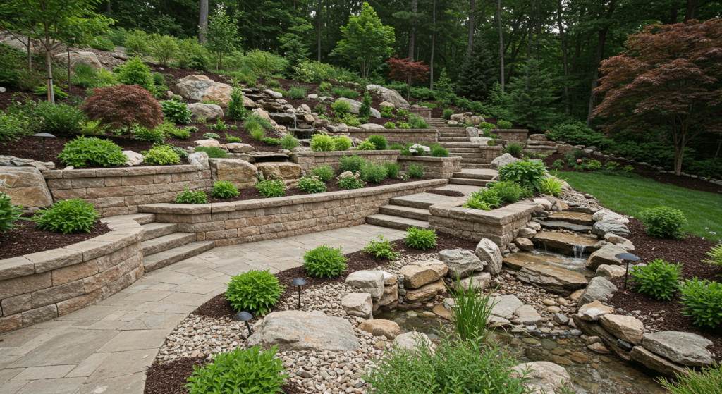 Terraced garden with stone walls and water features in a sloped backyard