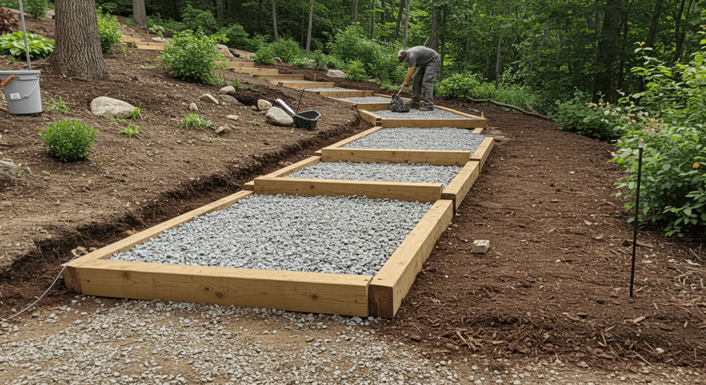 Person building steps and laying mulch in a sloped backyard