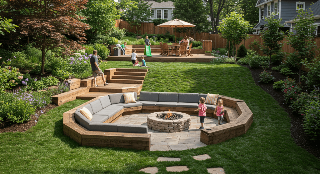 Outdoor seating, fire pit, and deck in a sloped backyard