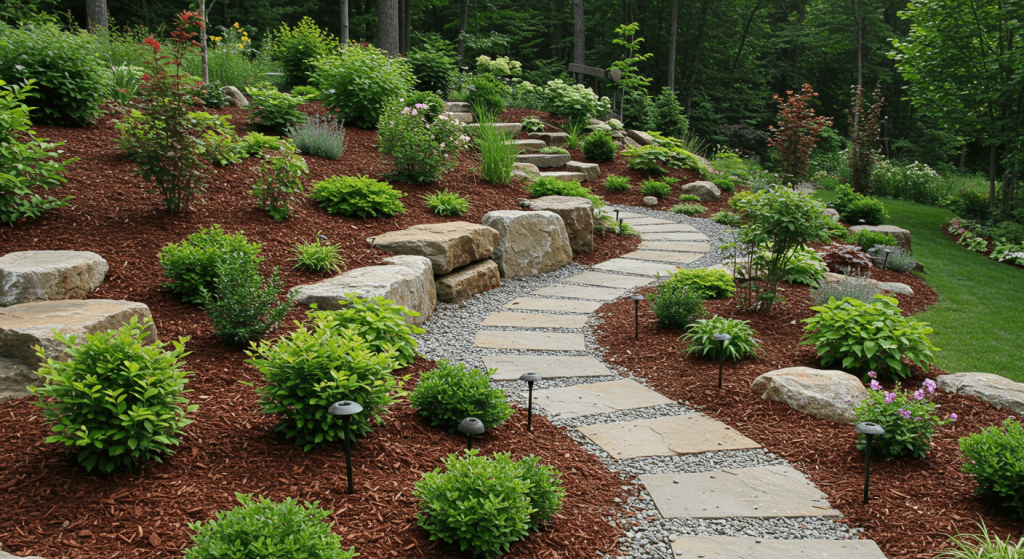 Native plants and stone paths in a sloped backyard