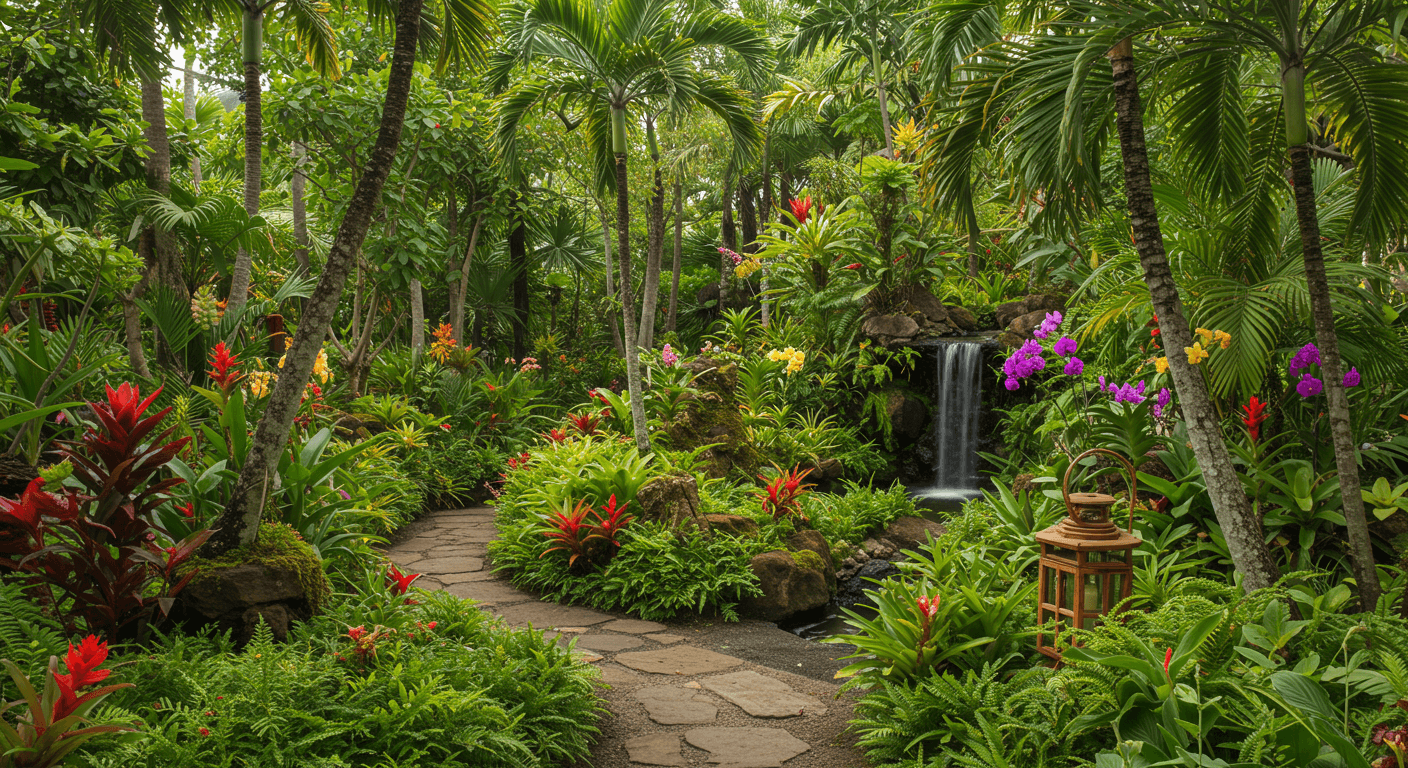 "A vibrant tropical garden with lush greenery, tall palm trees, colorful orchids, and a small waterfall surrounded by ferns."