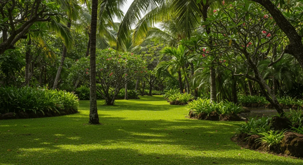 A lush tropical garden with palms, vibrant flowers, and a serene pond.

