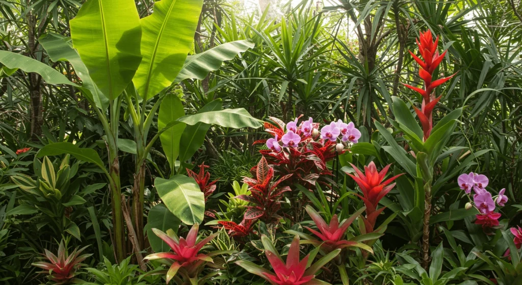 Close-up of tropical plants including banana trees, palms, and vibrant flowers.

