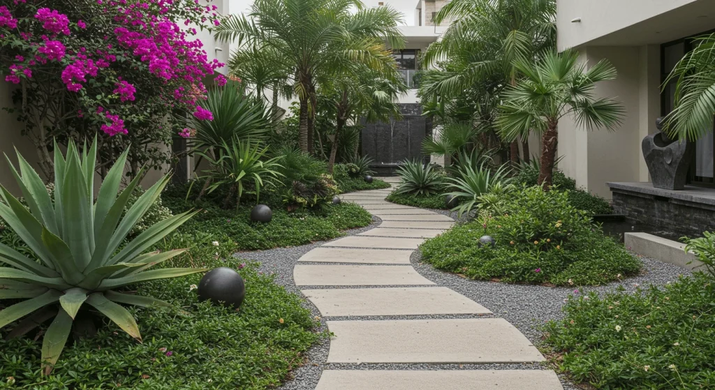 A well-designed tropical garden with curved pathways and colorful plants.

