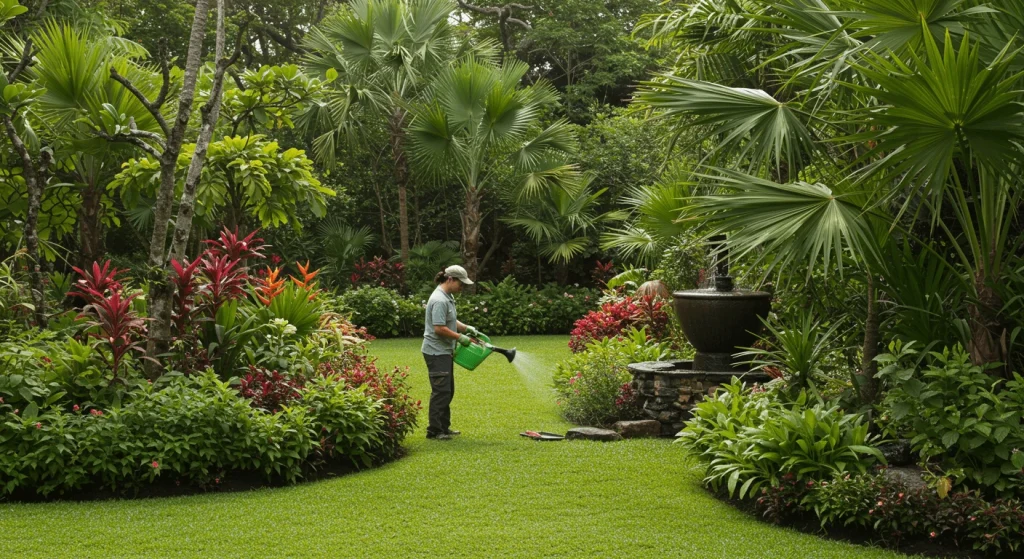 A gardener tending to tropical plants, trimming and watering them.