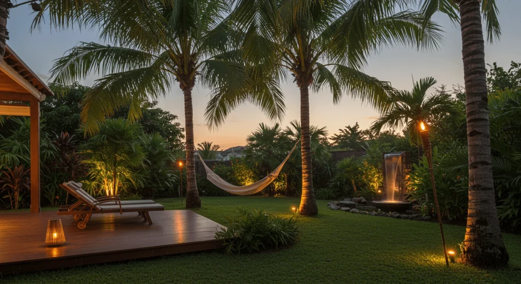 A relaxing tropical oasis with a hammock, tiki torches, and vibrant plants.

