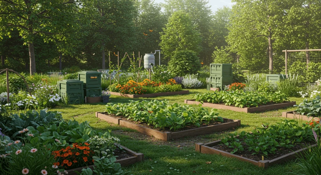 Sustainable garden with raised vegetable beds, compost bins, and rainwater harvesting system surrounded by lush plants and native flowers.