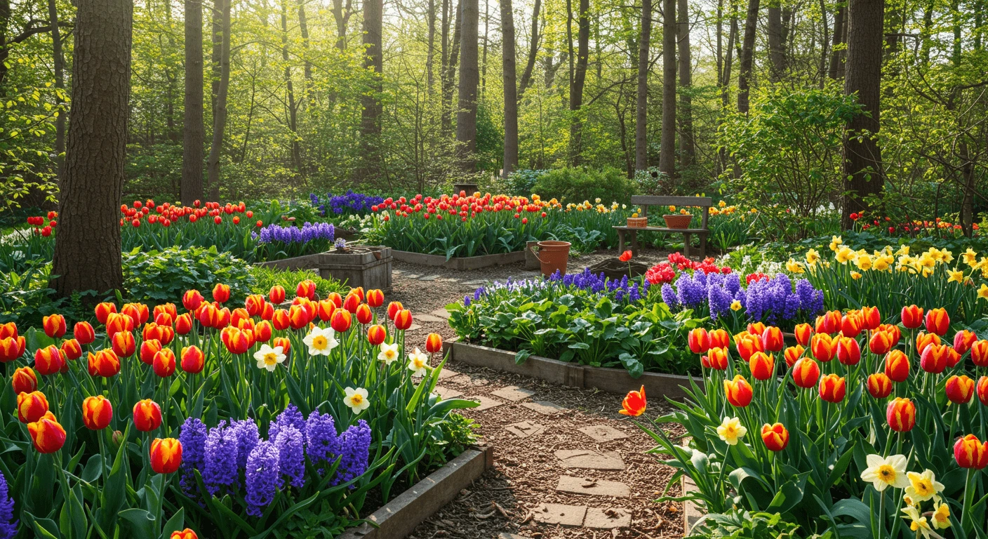 A vibrant springtime garden with blooming tulips, daffodils, and hyacinths, raised vegetable beds, a stone pathway, and a cozy seating area, showcasing a thriving garden paradise.