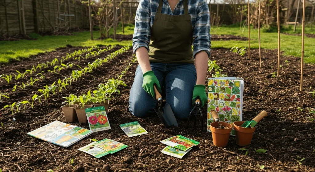 Gardener preparing soil with tools and seed packets in a sunny spring garden.