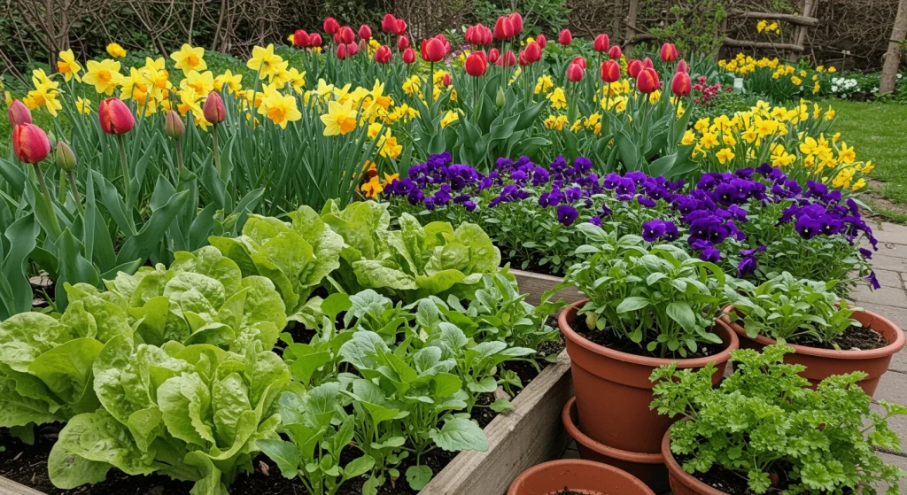 Colorful spring garden with blooming flowers, vegetables, and herbs in planter boxes.