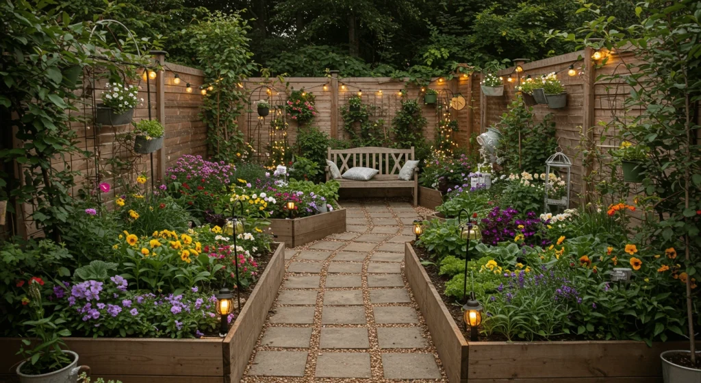 Small garden design with raised beds, stone pathways, and decorative elements.