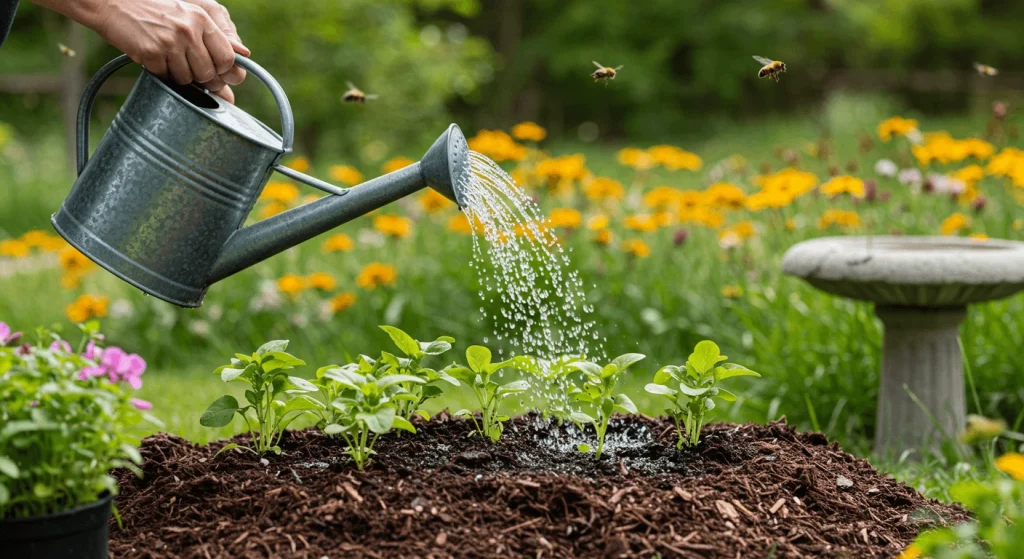 Gardener watering young plants with a watering can, surrounded by mulch and pollinators.