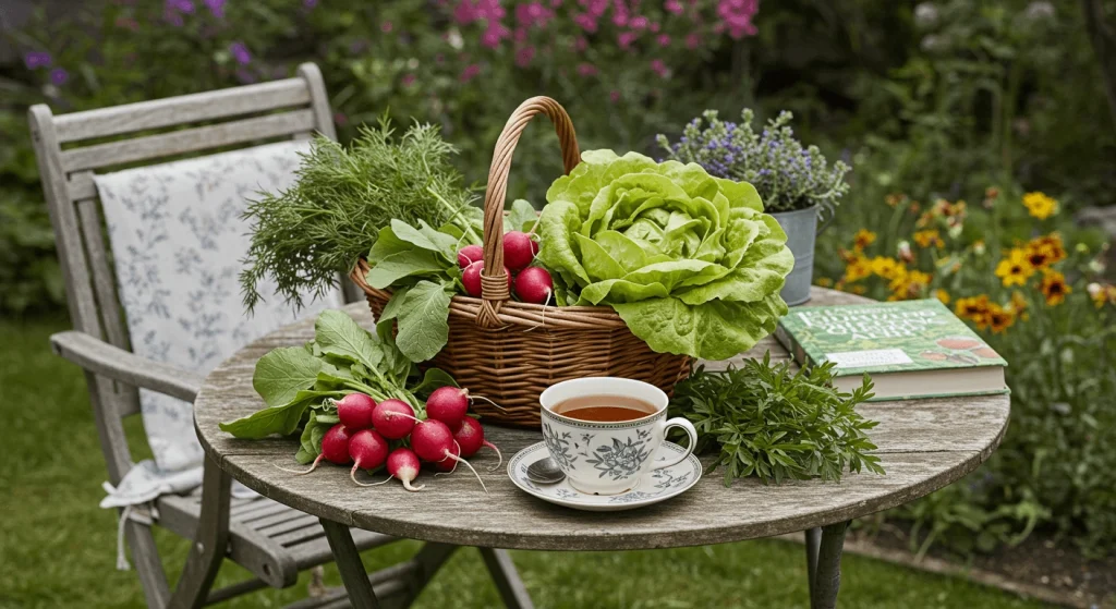 Rustic garden table with a harvest basket, tea, and gardening book surrounded by flowers.