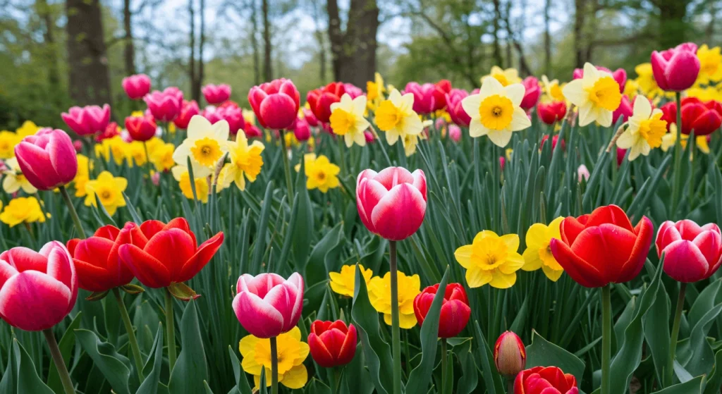 A vibrant spring garden filled with tulips, daffodils, and peonies in full bloom.