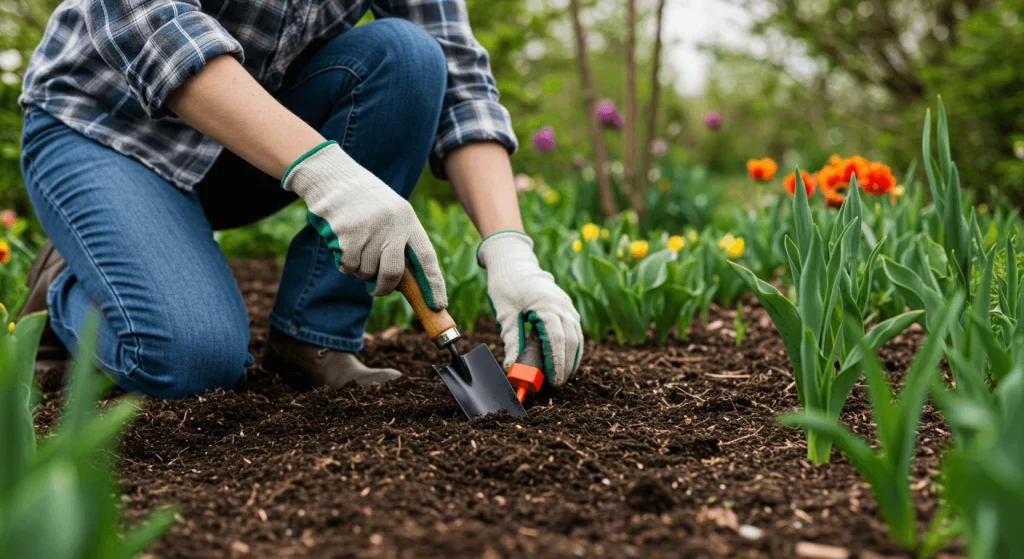 A gardener testing soil with a trowel surrounded by healthy plants and flowers in a well-maintained garden.
