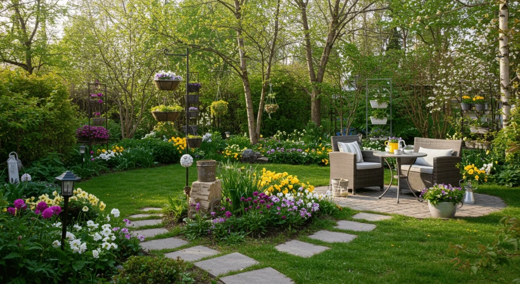 A beautifully designed spring garden featuring a stone pathway, outdoor furniture, and hanging planters.