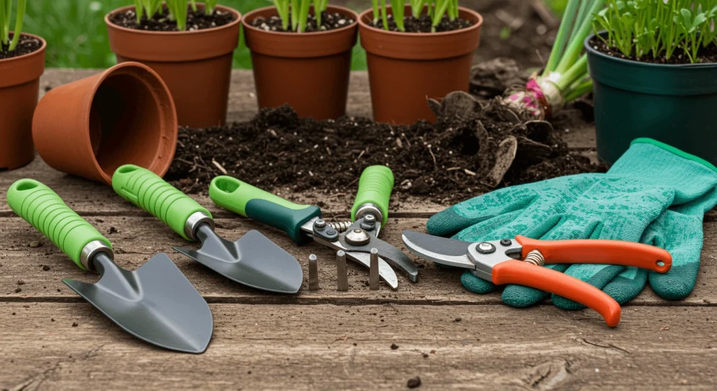 A collection of essential gardening tools including trowel, pruning shears, and gloves on a wooden table.