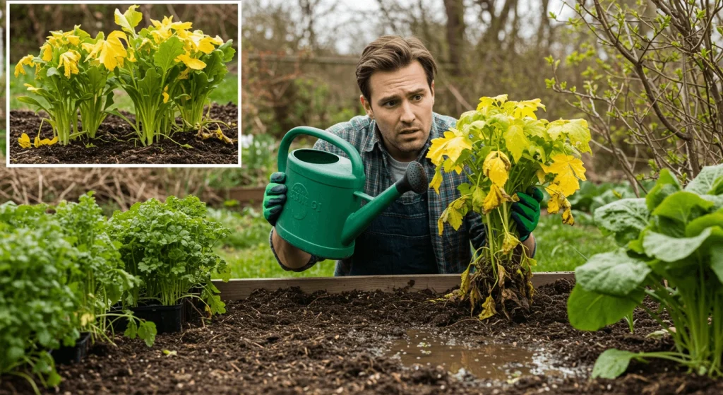 A gardener inspecting a wilting plant with yellowing leaves, showing the effects of overwatering.