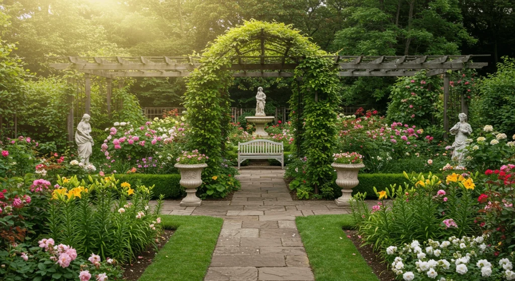 Elegant Victorian garden with a fountain, vintage décor, and vibrant flowers in full bloom.