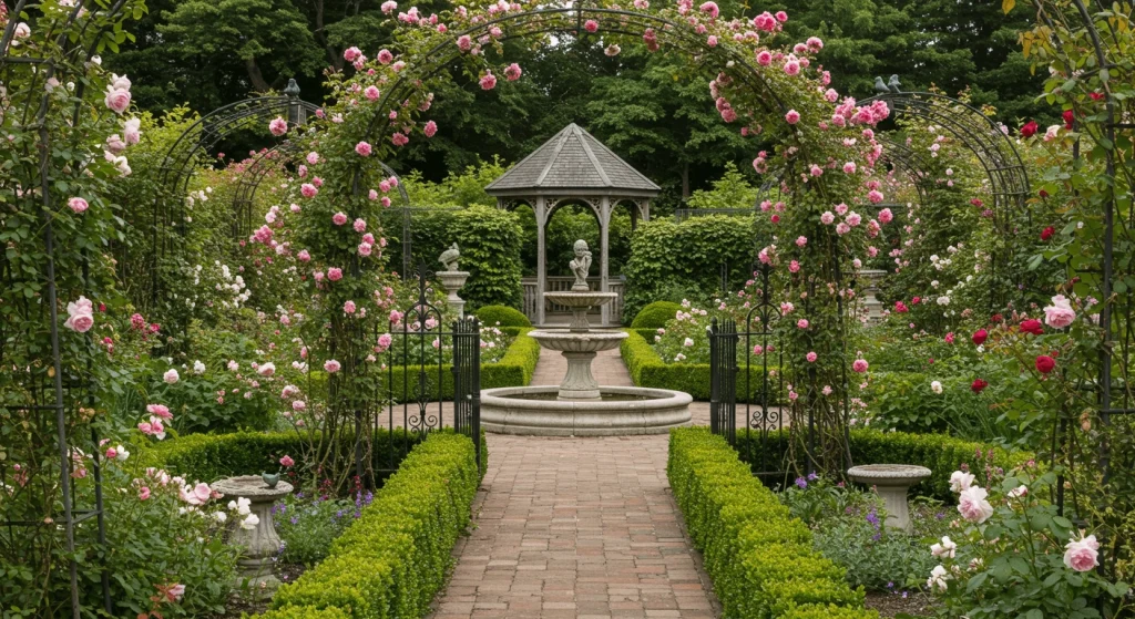 Victorian garden with wrought iron gates, trellises, fountain, and manicured flower beds.

