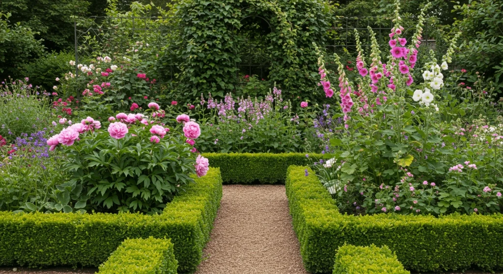 Victorian garden plants including roses, peonies, foxgloves, and ivy climbing trellises.

