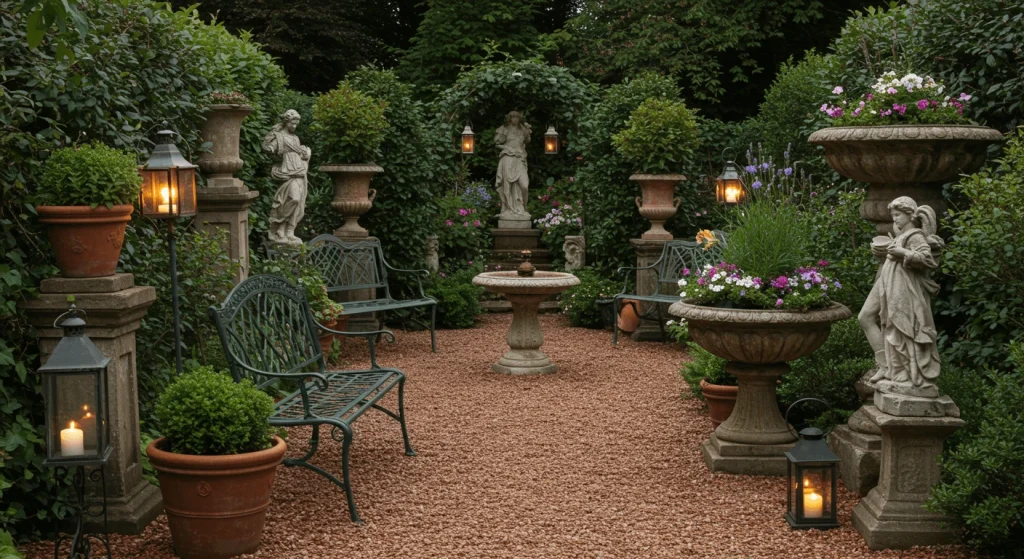 Vintage garden furniture, lanterns, and statues in a Victorian garden.

