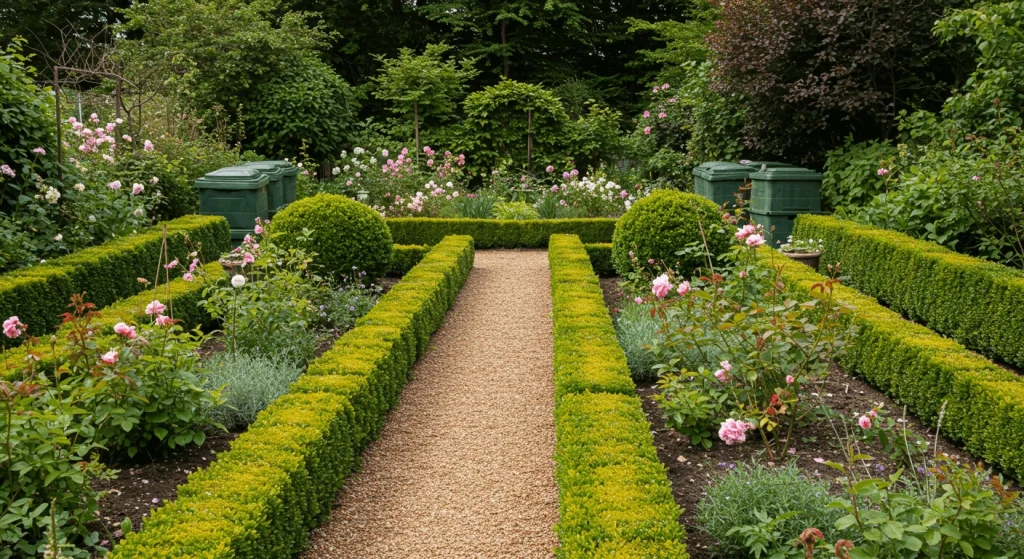 Well-maintained Victorian garden with trimmed hedges, pruned roses, and compost bins.

