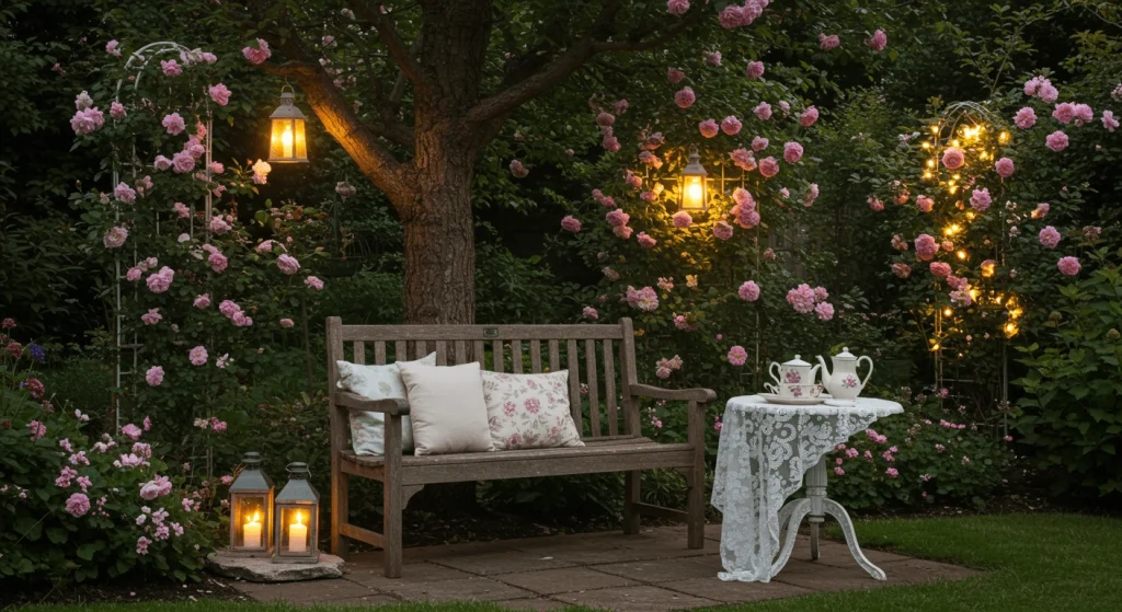 Cozy Victorian garden with bench, tea table, lanterns, and climbing roses.

