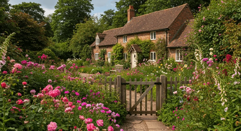 A lush English cottage garden with colorful flowers and a rustic wooden fence