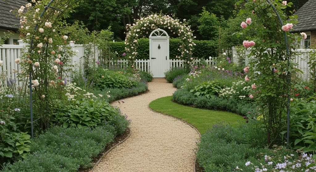 A charming cottage garden with curved flower beds, stone pathways, and a trellis covered in climbing roses.