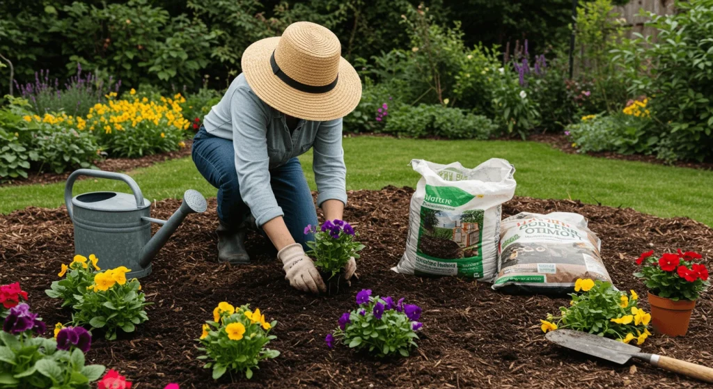 A gardener planting flowers in a well-prepared soil bed, surrounded by compost and gardening tools.