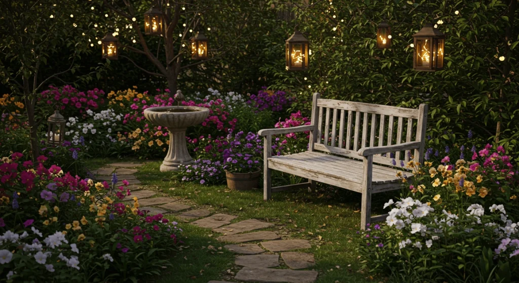 A rustic wooden bench in a flower-filled cottage garden with a birdbath and lanterns.