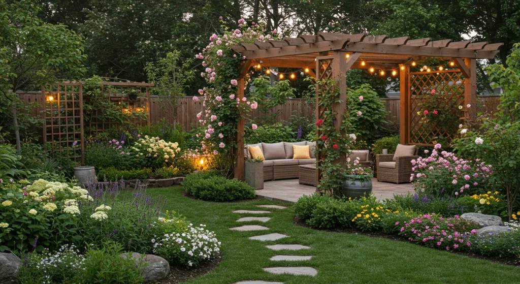 A beautifully landscaped backyard garden with flowers, a pergola, and outdoor seating.