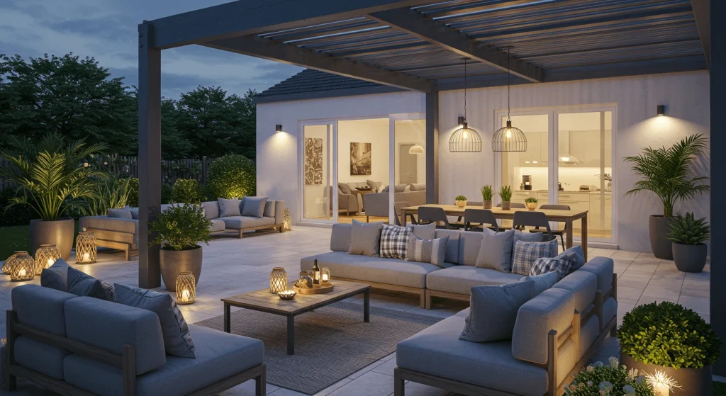  Stylish and functional outdoor living area with seating and dining spaces.