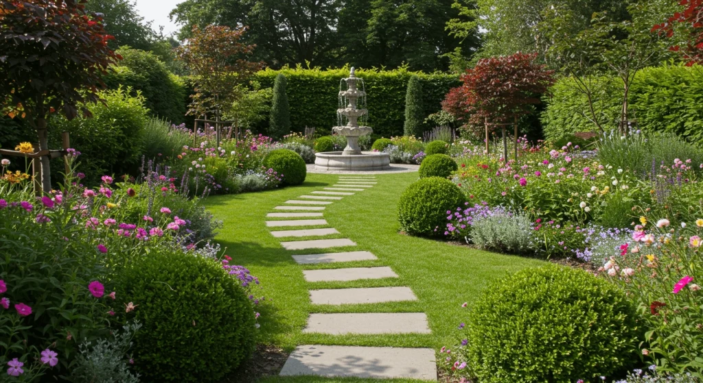 Beautifully landscaped garden with flowers, shrubs, and a water feature.