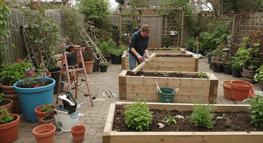 DIY garden project with raised garden bed and hand-painted planters.