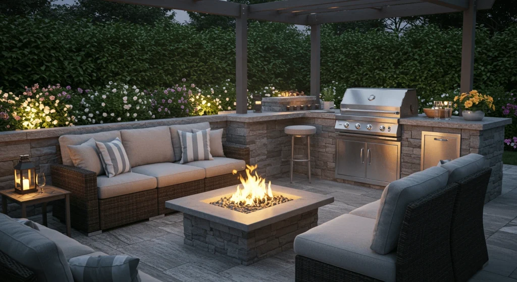 Outdoor living space with fire pit, seating, and an outdoor kitchen.