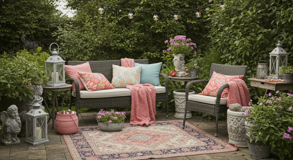 Stunning garden and patio with final touches like cushions and garden décor.