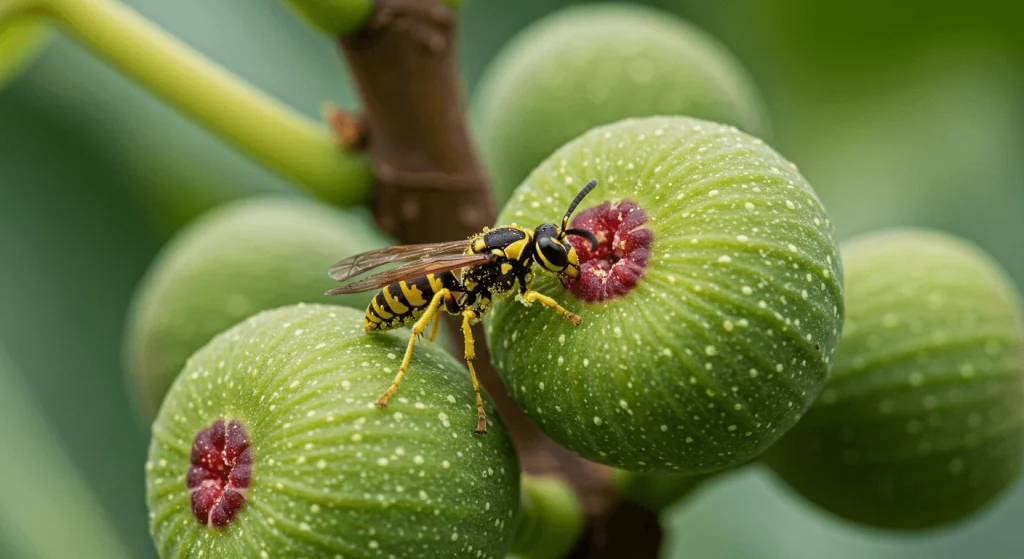 A fig wasp carrying pollen between fig flowers.