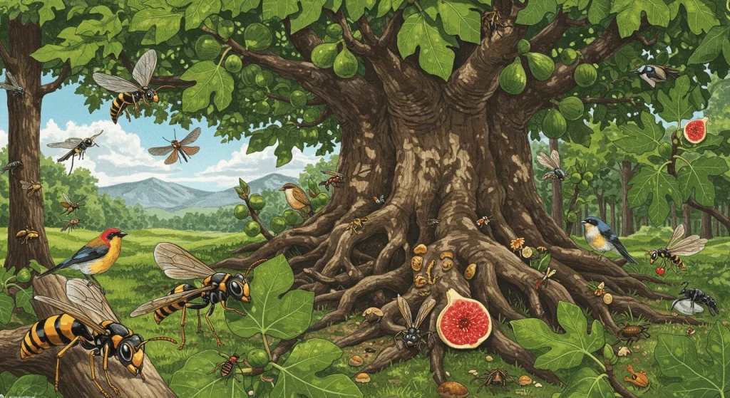 Vibrant illustration of a thriving ecosystem centered around a majestic fig tree, teeming with life. Fig wasps are seen pollinating the tree’s flowers, while birds, insects, and small mammals gather around, benefiting from the figs. In the background, a lush forest landscape stretches out, symbolising the interconnectedness of species. The scene highlights the essential role fig wasps play in sustaining biodiversity and maintaining ecological balance.