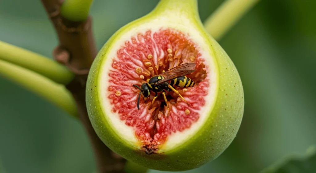 Close-up of a fig wasp pollinating the interior of a fig, showcasing its vital role in plant reproduction.