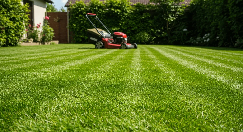 Freshly mowed lawn with neat, even lines and a modern mower parked in a lush garden.