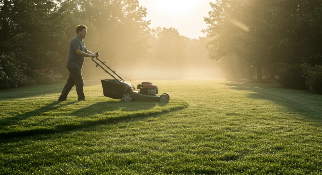 Man mowing a lawn at the best time of day for healthy grass.

