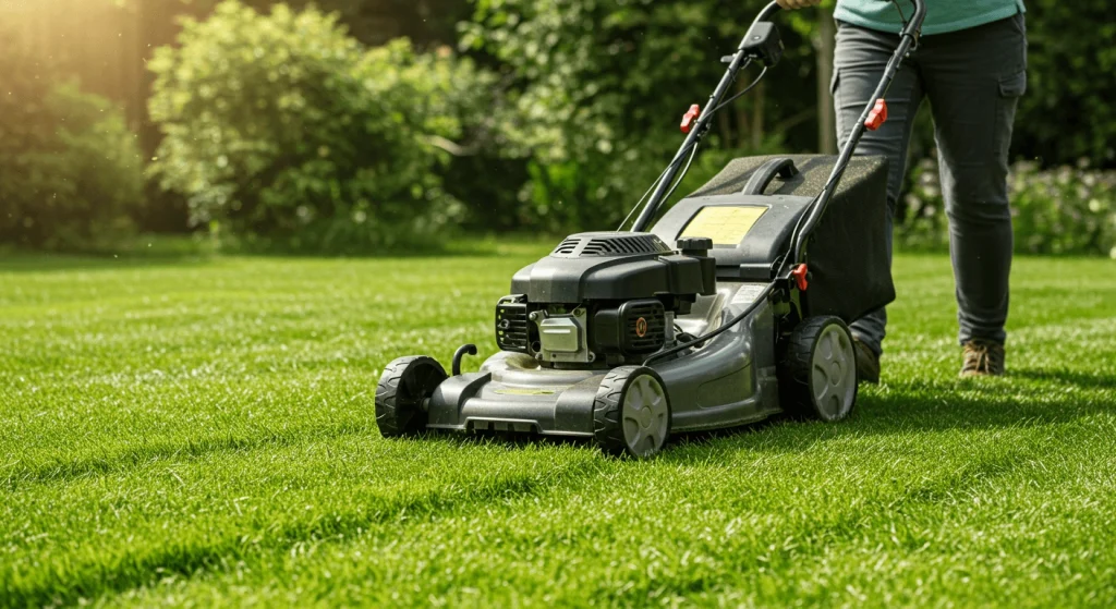 A collection of essential lawn care tools including a push mower, rake, edger, and trimmer laid out neatly on a grass patch. A person is preparing to use these tools for lawn maintenance.