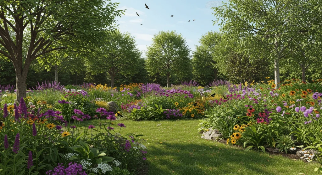 A thriving biodiversity garden with diverse plants, flowers, pollinators, and birds, creating a vibrant ecosystem.